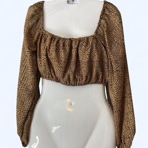 Brown leopard print cropped long sleeve top with tie bow XL Japra